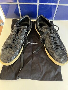 Saint Laurent Black Croc-Embossed Leather Lace-Up Sneakers with Gum Sole